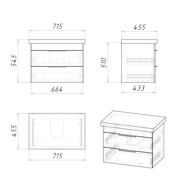 Тумба под раковину в ванной подвесная Grossman ФОРТА-70 см, темный дуб